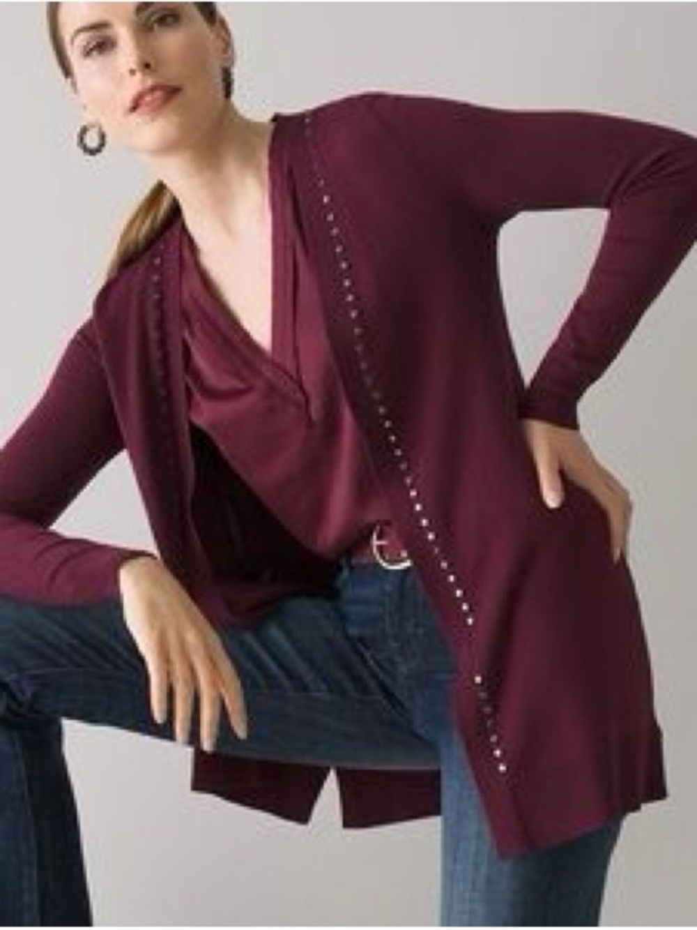 White House Black Market Gunmetal Studded Plum Longline Cardigan Size Small